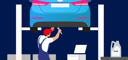 Vektorteckning av en mekaniker som reparerar en bil på en billyft