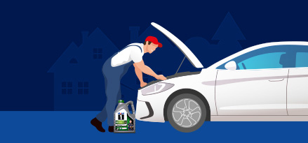 Person på motorhuven och Mobil 1