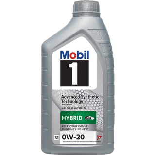 Grå 1-litersflaska Mobil 1 Advanced Synthetic 0W-20 hybridmotorolja